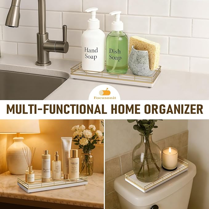 Bathroom Vanity Tray – 12" x 6" Oak Decorative Wooden Tray for Toilet Tank Organizer Wood Tray for Bathroom Countertop, Soap, Perfume & Accessories Storage, Vanity & Dresser Decor, Gold & White