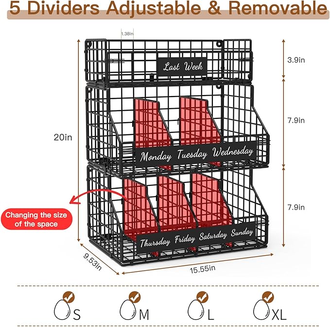 Egg Holder Countertop with Dividers & Labels, 3 Tier Stackable Chicken Egg Holder Egg Baskets for Gathering Fresh Eggs, Egg Organizer for Egg Storage, Wall-Mounted, Black