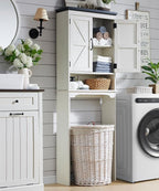 ACCOHOHO Over The Toilet Storage Cabinet, Farmhouse Bathroom Cabinet with Adjustable Shelf & Barn Door, 67" Tall Over The Toilet Shelf, Off White
