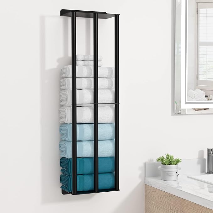 Towel Racks for Bathroom 31 Inch - Wall Mounted, Solid 2 Metal Shelves and 3 Vertical Bars, Can Holds 6 Large Rolled Bath Towels - for Modern Decor Bathroom Towel Storage (Matte Black)