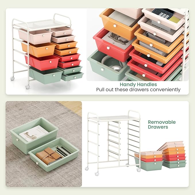 RELAX4LIFE 12-Drawer Rolling Storage Cart - Mobile Utility Drawer Carts with Wheels, Craft Organizers Cart for Classroom Organization and Storage, Home, School, Office