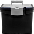 Storex Portable File Box with Organizer Lid – Plastic Office File Storage Box for Letter Paper and Hanging Folders, Obsidian, 1-Count (61504C01C)