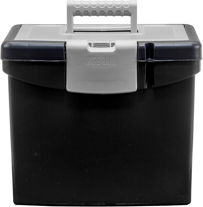 Storex Portable File Box with Organizer Lid – Plastic Office File Storage Box for Letter Paper and Hanging Folders, Obsidian, 1-Count (61504C01C)