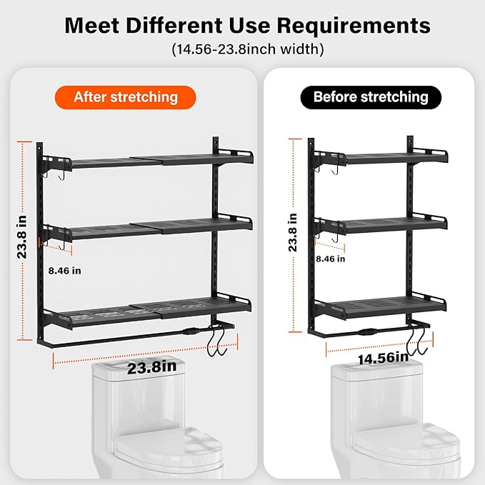 Over The Toilet Storage, 23.8" Lx8.46 Wx23.8 H, 3-Tier Adjustable Metal Bathroom Organizer Expandable Over Toilet Storage, Floating Heavy Duty Bathroom Storage, Space Saver w/Hanging Rod-Black
