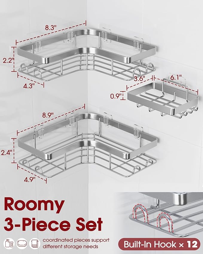 Corner Shower Caddy - 3-Pack Shower Organizer with Soap Holder & Built-In Hooks, Rustproof Metal Shower Shelves, Laundry, Kitchen, Bathroom Organizers and Storage Solution, Large, Silver