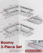 Corner Shower Caddy - 3-Pack Shower Organizer with Soap Holder & Built-In Hooks, Rustproof Metal Shower Shelves, Laundry, Kitchen, Bathroom Organizers and Storage Solution, Large, Silver