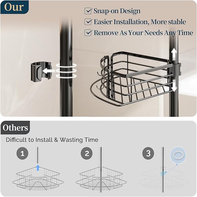 Consumest Corner Shower Caddy Tension Pole - Rustproof Shower Shelves with Towel Bar & Soap Holder, Adjustable Bath Organizer for Bathroom Storage, 27.6-108.3 inch, Black