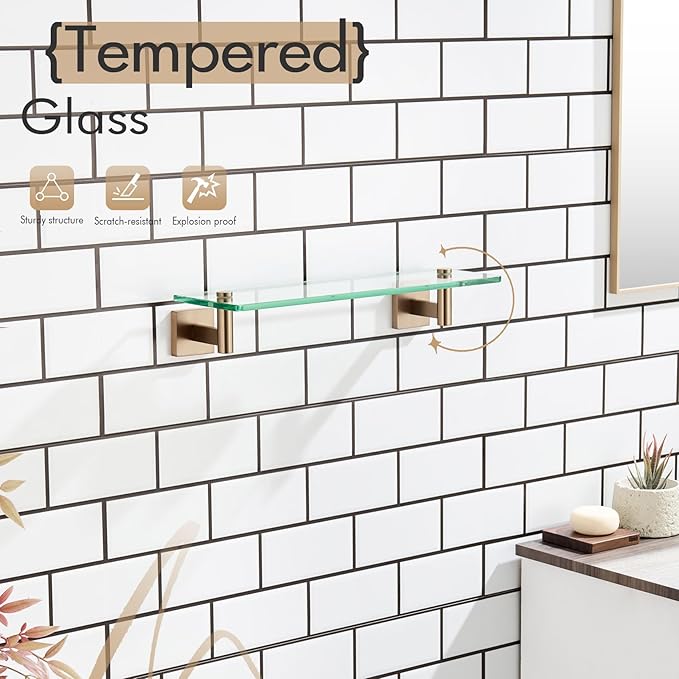 KOKOSIRI Wall Shelves Bathroom Hardware Glass Floating Shelf Small Hanging Rack Storage/Room Decor 16-Inch Champagne Bronze 2 Pack B1105CPG-L16-P2
