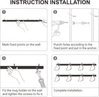 Dahey Metal Coffee Mug Rack Wall Mounted with 8 Hooks, Set of 2, Mug Display Rack Cup Holder Storage for Kitchen Dining Room Coffee Bar, Black