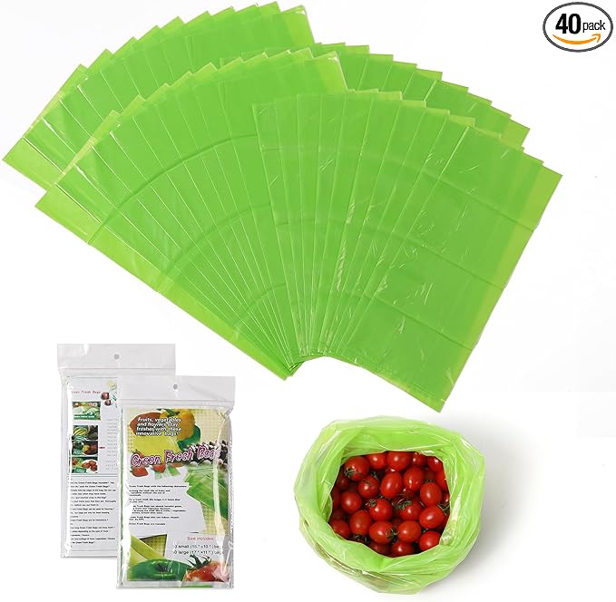 Reusable produce bags to keep Fruit fresh longer reusable,40 Pack(20S,20L) Vegetable bags to keep fresh,Green vegetable refrigerator bags,Green Reusable Salad & Cut Flower Storage Bags,BPA Free
