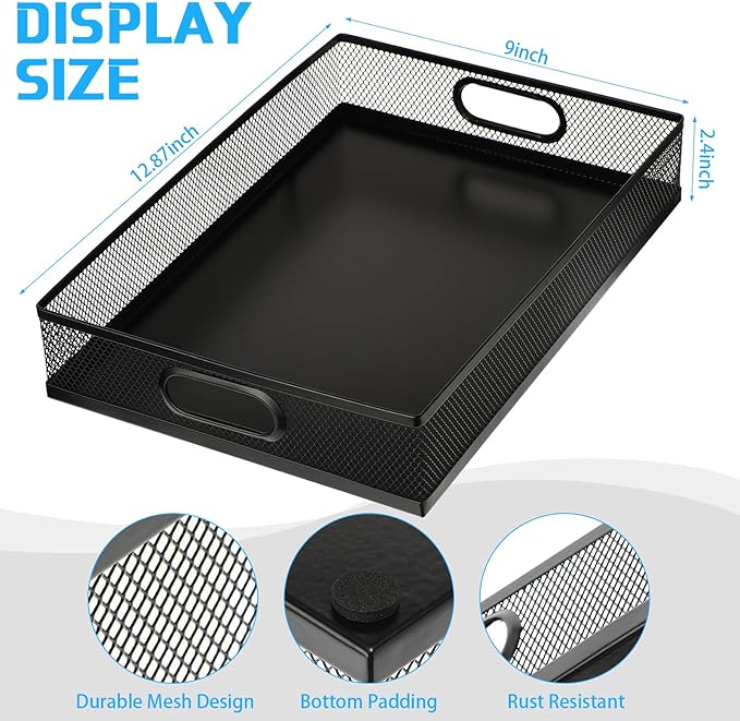 Tandefio 3 Pcs Desk Drawer Organizer Bulk Metal Mesh Trays A4 Large Desktop Storage Box Portable Wire File Basket with Handle for Office Supplies Craft Magazine Paper 12.87" x 9" x 2.4"(Black)