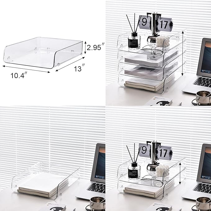 Gagee 4 Pack Paper Organizer for Desk,Clear Stackable Paper Sray Holder, Office Desk Organizer for Notes, Pens, File, Document
