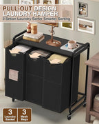 Laundry Sorter 3 Section,Laundry Basket with Wheels,3×15.8 Gal (60L) Laundry Hamper Organizer with Large Wooden Desktop Sorter,Pull-Out and Removable Laundry Bags (Black, 3 Bags - 180L)