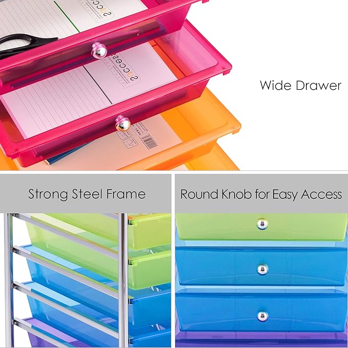 GOFLAME 10-Drawer Rolling Storage Drawer Cart, Utility Cart with Removable Drawers & Metal Frame, Mobile Art Craft Drawer Cart with Lockable Wheels for Home, Office, Studio, School, Rainbow