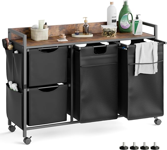 Laundry Sorter with 4 Section, 150L Laundry Hamper with Wheels, Laundry Basket with Small Side Pockets and Pull-Out Removable Liners,for Laundry Room Bedroom Bathroom