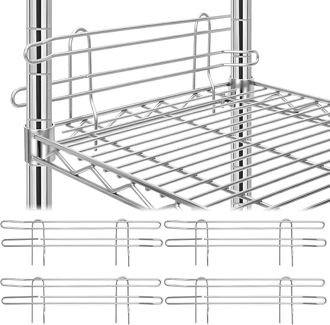 4 Pcs Chrome Wire Shelf Ledge 18" L x 4" H Wire Shelving Side Ledge Metal Shelves Accessories Pantry and Garage Storage (Silver)