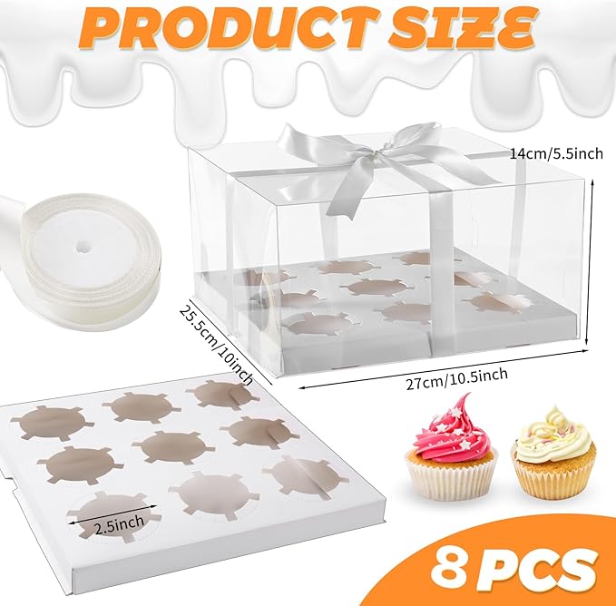 9 Counts x 8 Sets Cupcake Containers 9 Count Cupcake Boxes with 5.5inches height Assembly Plastic Cupcake Holders Disposable Cupcake Carriers for Birthday Party Pastry Bakery Supplies(9count/8pcs)