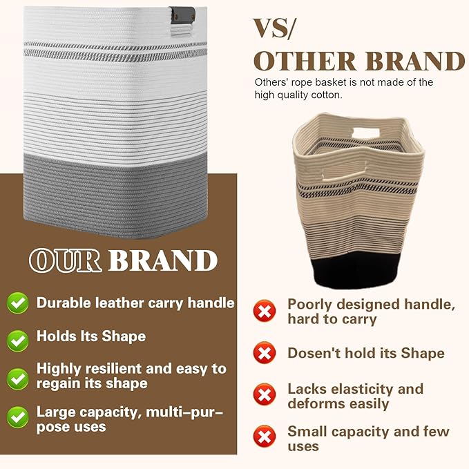 Laundry Hamper, 85L Tall Laundry Basket with Leather Handles, Rectangle Large Clothes Hamper for Organizing, Cotton Woven Laundry Baskets Storage Hampers for Bedroom, Nursery, Living Room