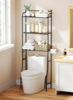 3-Tier Over The Toilet Storage, Bathroom Organizer, Space-Saving, Above Toilet Storage Rack with 4 Hooks and Paper Holder, Metal Shelf, Black