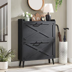 Shoe Storage Cabinet, Farmhouse Shoe Organizer with 2 Flip Drawers & Barn Door Design, Freestanding Hidden Slim Narrow Shoe Rack Cabinet for Entryway, Foyer, Hallway, Black