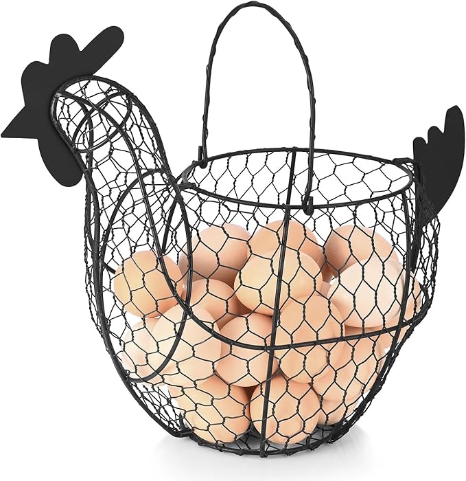 Flexzion Chicken Egg Basket for Collecting Eggs, Small Wire Egg Collecting Basket with Handle for Eggs, Fruits, Vegetables, Farmhouse Rustic Style Chicken Basket Decor for Kitchen Countertop, Black