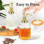 Glass Coffee Syrup Dispenser 10oz, Syrup Bottles with Ribbed Design, Gold Syrup Pump, Coffee Bar Accessories, Honey Dispenser