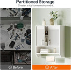 HOOBRO Fluted Bathroom Wall Cabinet, Farmhouse Medicine Cabinet with 2 Fluted Doors, Wall Storage Shelf with Towel Rack, Adjustable Shelf, for Small Spaces, Bathroom, Kitchen, White