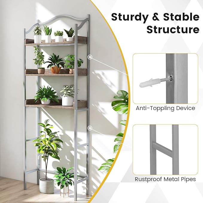 Giantex 3-Tier Over-The-Toilet Rack, Freestanding Bathroom Space Saver W/ 3 Open Shelves & Sturdy Metal Frame, Mid-Century Storage Rack for Bathroom, Laundry Room, Easy Assembly (Sliver)