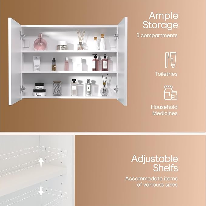 24x32 inch Bathroom Wall Cabinet, Saver Storage Cabinet, Medicine Cabinet with 2 Door and Adjustable Shelves, White（Assembly Required）