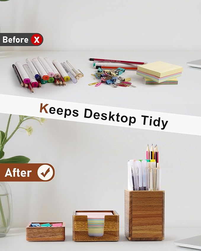 Acacia Wood Desk Organizer Set with Sticky Note Holder, Pencil Pen Cup & Paper Clip Storage, Office Desk Accessories for Marker Craft (Set of 3)
