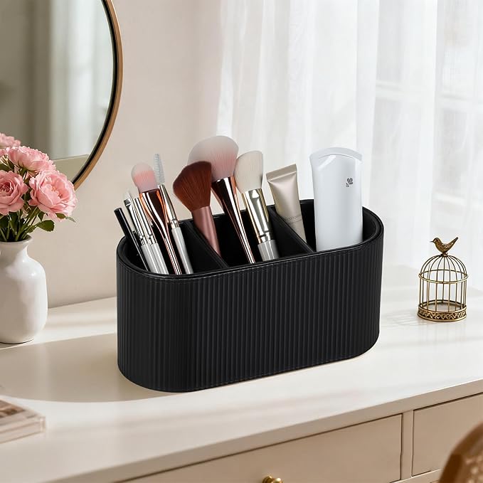 Aesthetic Remote Control Holder, PU Leather Pen Holder for Desk with 3 Compartments for Home Office Supplies and Accessories, Stylish Bedside Remote Holder Nightstand Desktop Organizer (Black)