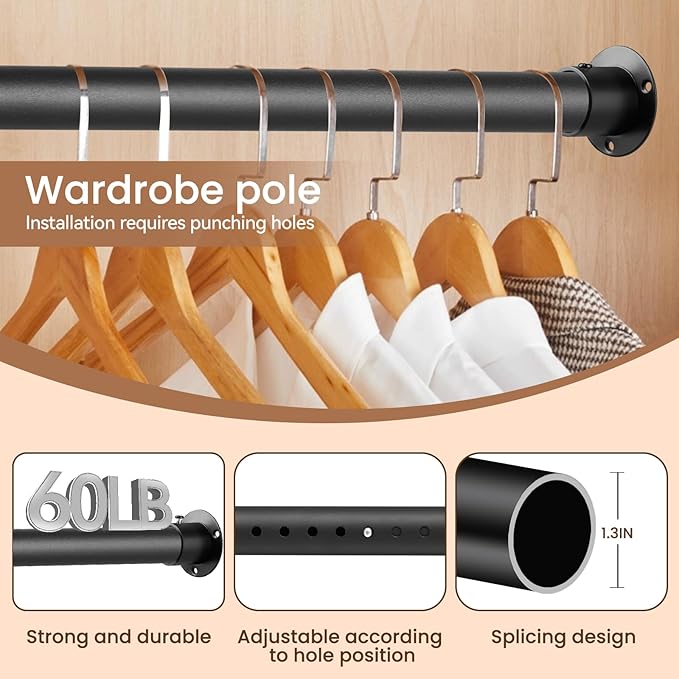 Hanging Closet Rod,17-87 Inches Space Saving Heavy Duty Closet Rod Extender Hanging, Black Black Adjustable Clothes Hanging Bar, Stainless Steel Closet Garment Organizer Rack, Bathroom, Windows