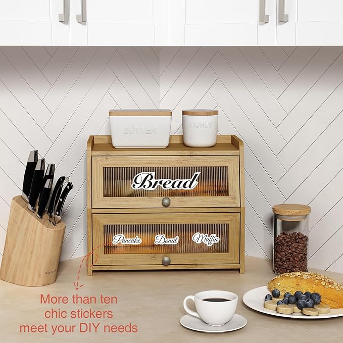 Large Bread Box for Kitchen Countertop, Double Layer Breadbox for Homemade Loaf Bread, Farmhouse Bread Storage Container Bin for Kitchen Counter Pantry Cupboard (Natural Bamboo)