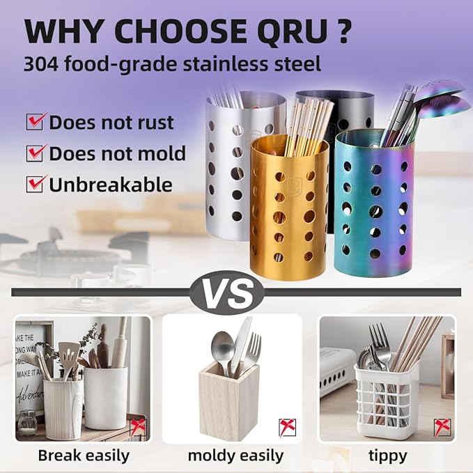 QRU Kitchen Utensil Holder for Countertop (H6.7” x W4.1”), Stainless Steel Cooking Utensil Caddy for Tools, Spatulas, Spoons, Silverware & More, Cooking Utensil Organizer, Kitchen Decor (Rainbow)
