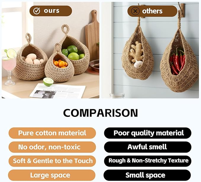 Hanging Storage Baskets Boho Decor Set of 3, Handmade Cotton Rope Wall-Mounted Fruit & Vegetable Baskets, Decorative Hanging Organizers for Kitchen, Entryway, Bathroom & Bedroom