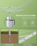 SONGMICS Umbrella Drying Rack, Retractable Outdoor Drying Rack, Height Adjustable, 197 ft Long Clothesline, Holds 6 Laundry Loads, for Garden, with Ground Spike, Cover, Silver and Green ULLR302E01