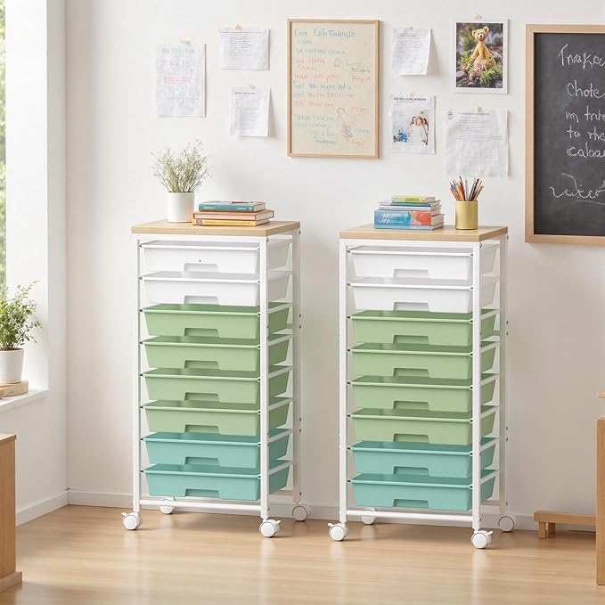 Rolling Cart with 8 Drawers, Plastic Drawer Storage Carts with Wheels & Wooden Tabletop, Metal Utility Cart Organizer for Bedroom Living Room Office Classroom Craft Organization and Storage, Green