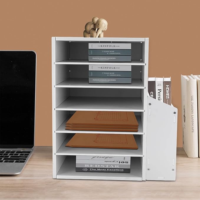 Literature Organizers With Side Storage cabinet, 6 Compartments Office Mailbox with Adjustable Shelves, PVC Board Literature Sorter for Office, Home, Classroom, Mailrooms Organization, White