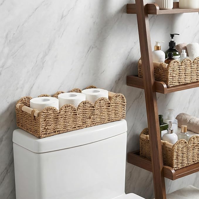 2 Pcs Toilet Paper Storage Basket, Beige Scalloped Edge Paper Rope Wicker Basket for Over Toilet Tank Top, Home Bathroom Bedroom Decor and Organization, Beige