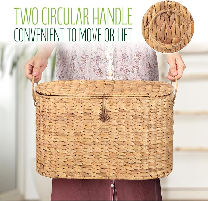 Toilet Paper Storage, Water Hyacinth Baskets with Lid, Toilet Paper Baskets for Storage Holder 6 Rolls, Papers Basket with Built-in Handles for Organizer, Bathroom Accessories Organizer