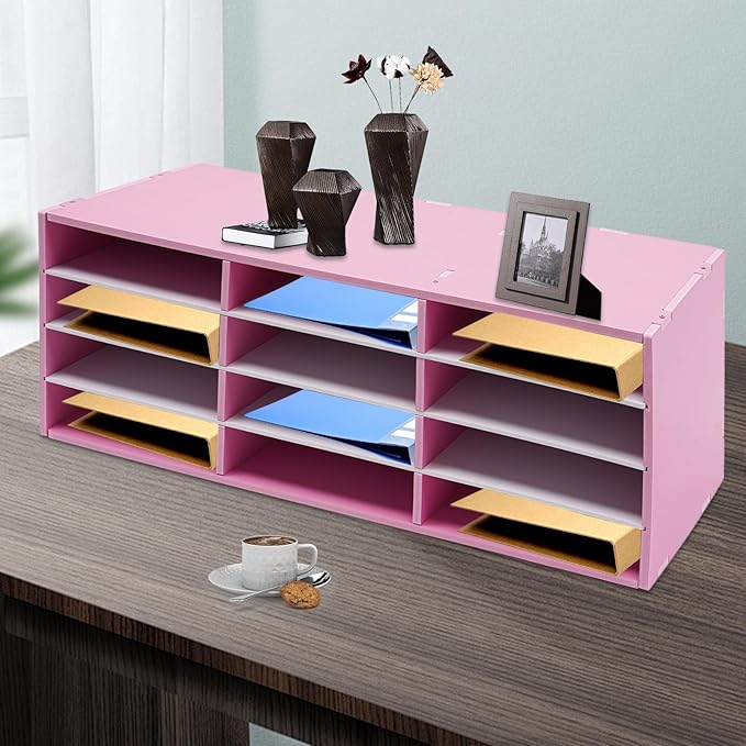 12 Compartments Desk Literature Organizer, Countertop Mail Sorter Organizer,Student Mailbox for Classroom, Desktop Paper Organizer for Home Office School, Pink