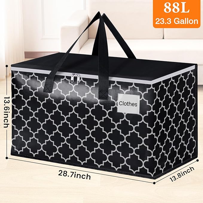 HomeHacks Heavy Duty Moving Bags with Tag Pockets, Collapsible Storage Totes for Moving, Camping & Travel -Foldable Packing Boxes, Zipper Handles, Black（6 Packs, 88L）