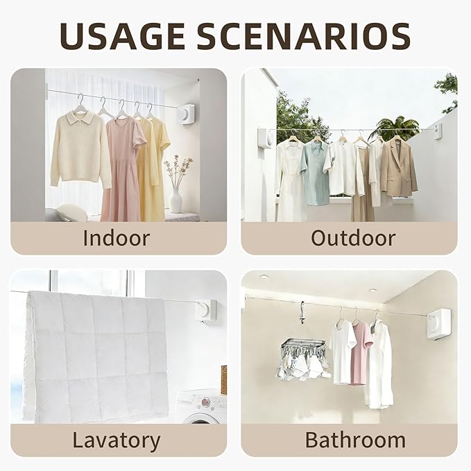 Anti-Sag Retractable Clothesline 40LB Capacity - 201in Stainless Steel Laundry Line for Indoor Outdoor, Wall Mounted Space Saving Easy Install (White)