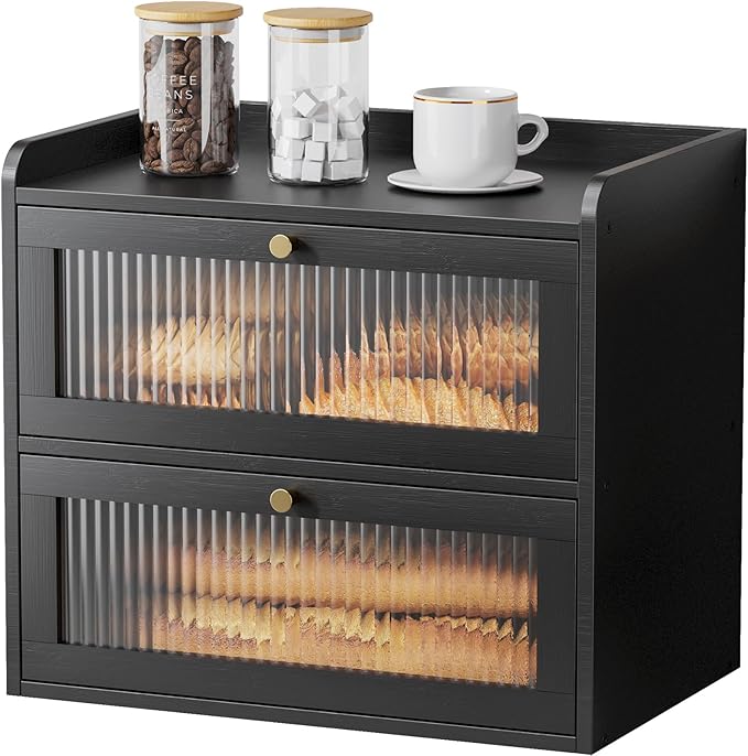 Kitsure Bread Box - 2-Tier Bamboo Bread Box for Kitchen Countertop, Bread Storage Container with Magnetic Acrylic Door, Pantry Organizers and Storage for Loaves, 15" x 9.8" x 13.2", Black