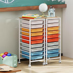 GOFLAME 10-Drawer Rolling Storage Cart, Craft Storage Cart with Wooden Tabletop and Lockable Wheels, Art Cart Supply Storage Organizer with Metal Frame for Home Office Classroom, Macaron Color