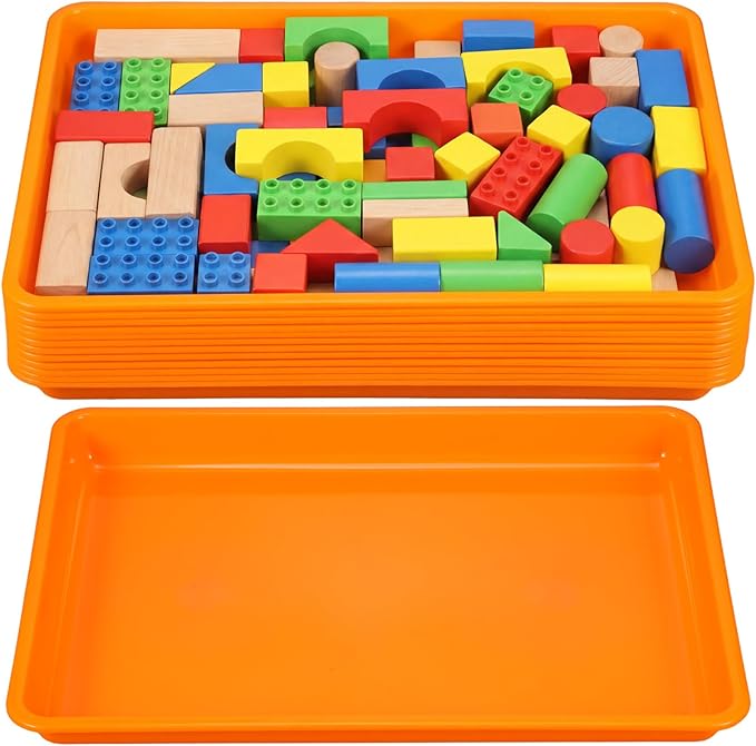 Maitys 15 Pcs Flat Plastic Trays 16.1 x 11.8'' Sensory Storage Paper Tray Stackable Classroom Bins for Office Home Organizer Crafts Supplies(Orange)