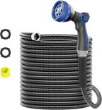 SPECILITE 100ft 304 Stainless Steel Garden Hose Metal, Heavy Duty Water Pipe with Nozzles for Yard, Outdoor - Flexible, Never Kink & Tangle, Puncture Resistant (Black)