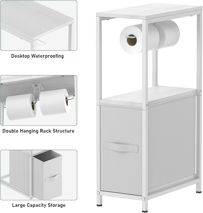 Slim Toilet Paper Storage Cabinet White, Toilet Paper Holder with Storage Bathroom Cabinet for Small Spaces Freestanding Tissue Stand with Drawer