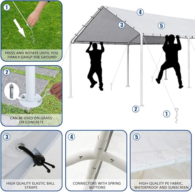 FDW 10'x20' Heavy Duty Galvanized Carport Waterproof Canopy Tent with Anchor Kit, Open-Sided Design for Cars and Outdoor Use