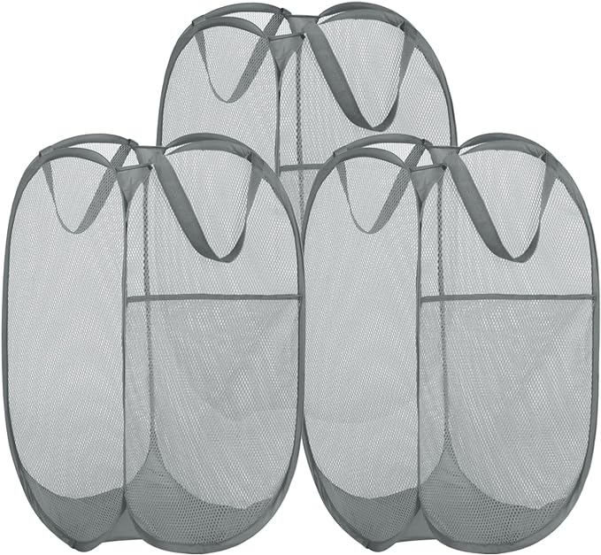 BATTOO 3 Pack Collapsible Laundry Basket Strong Mesh Pop Up Laundry Hamper for Laundry Foldable Hampers with Side Pocket Reinforced Handles for Bathroom, Kids Room, College Dorm or Travel Grey